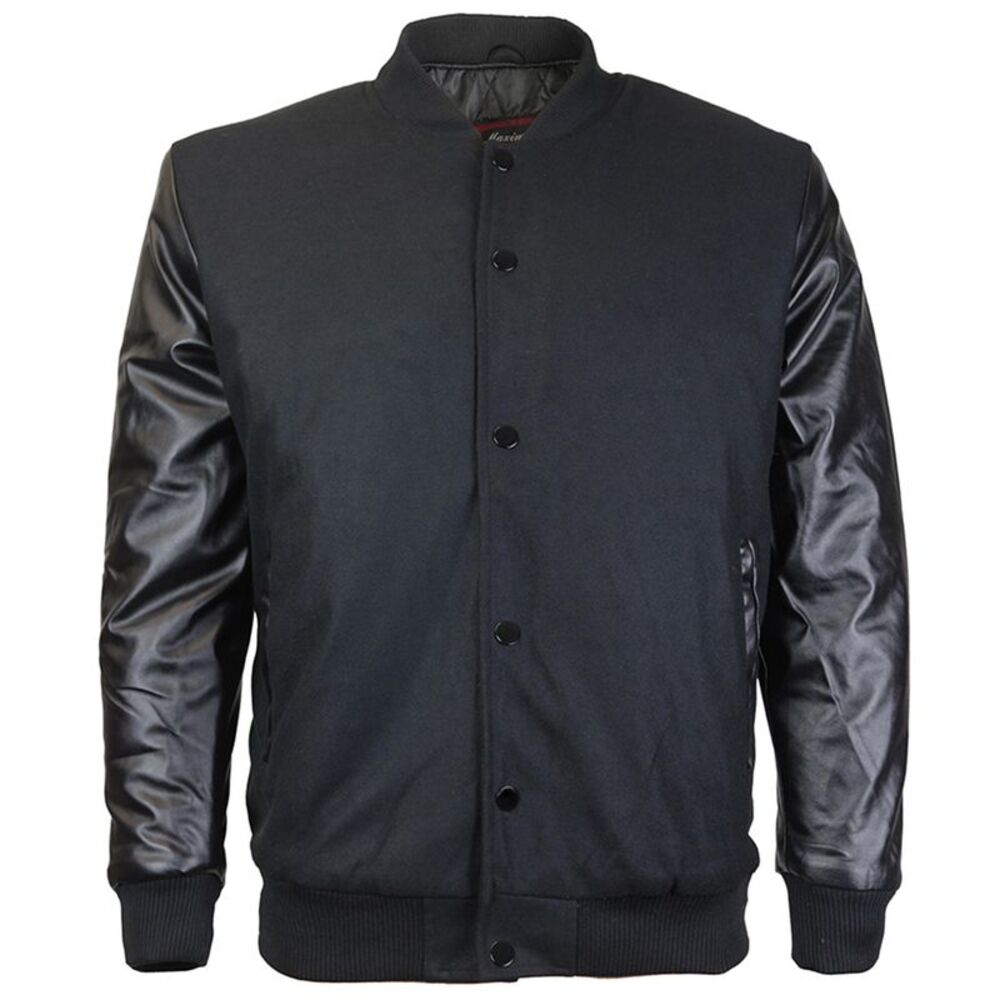 Maximos Men's LMJ Snap Button Front Classic Varsity Jacket All Black